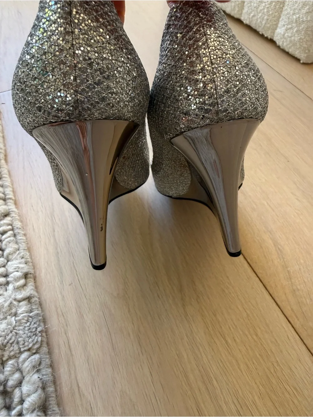Jimmy Choo Silver Glitter Peep-Toe Wedge Heels